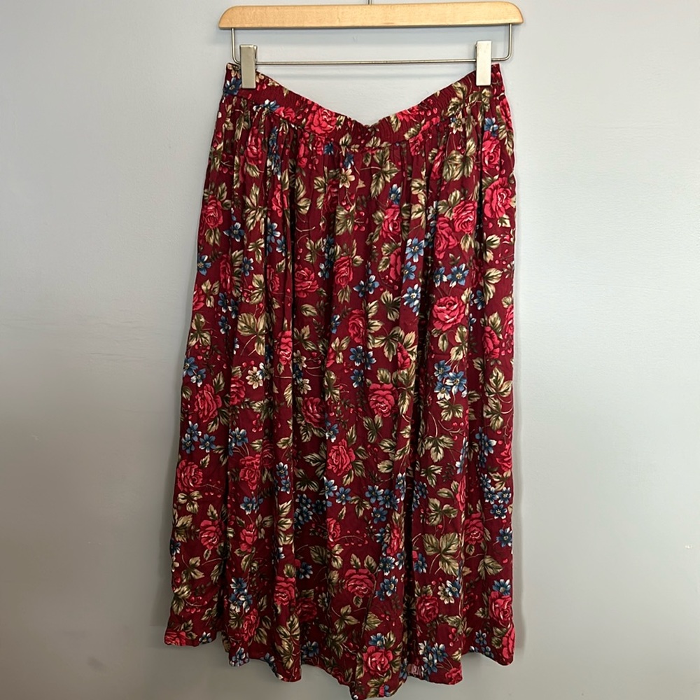Vintage floral, wine, colored skirt, size medium to large